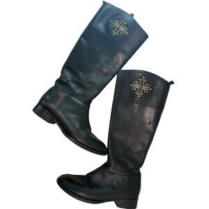 Tory Burch Kiernan Leather Knee High Black Riding Boots Gold Tory Logo